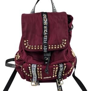 Desigual Studded Backpack Burgundy Nylon Gold Hardware Feel Your Energy